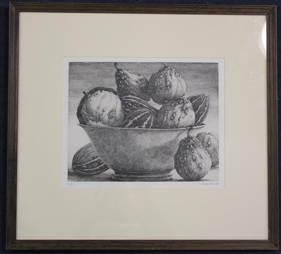 Erik Desmazieres (b.1948) Coloquintes II, still life of gourds in a bowl, 8 x 10.5in.